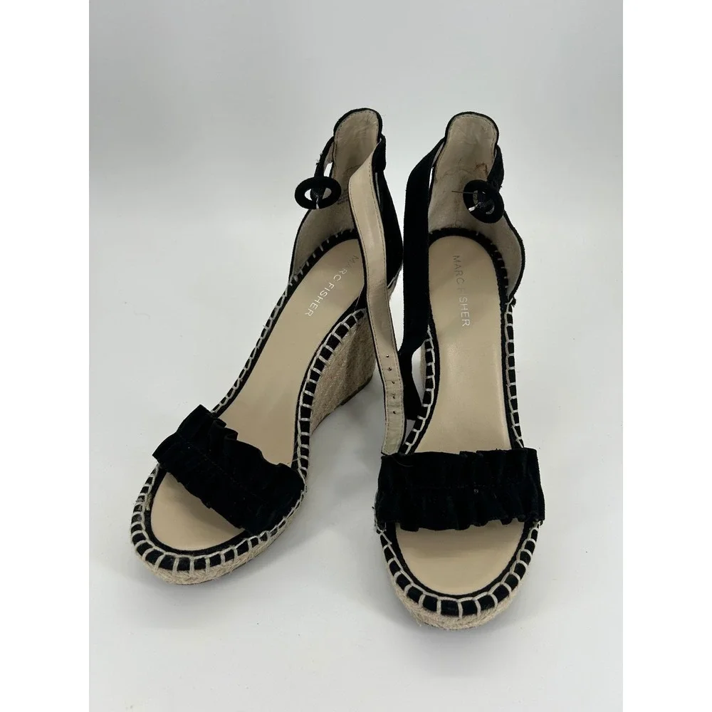 Marc Fisher Black Suede Espadrille‎ Wedge Sandals Ruffle Ankle Strap Size 8
